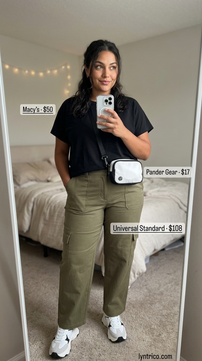 Edgy Street Style Plus Size Outfits 2026 Flattering plus size summer outfits for women 2026: Khaki cargo pants, black crop top, chunky sneakers, edgy street style.