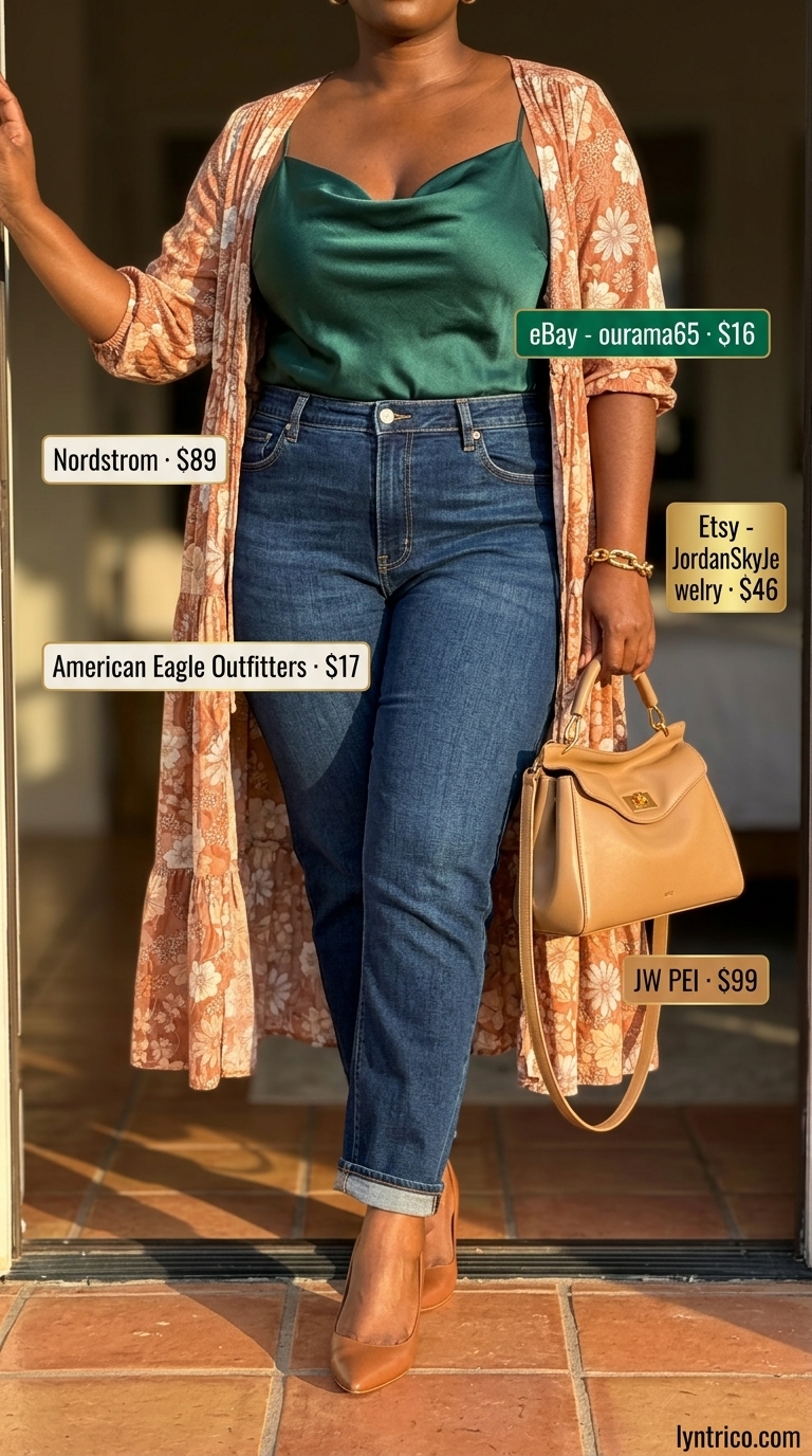 Chic Plus Size Summer Outfits 2026 Flattering plus size summer outfits for women 2026: Emerald top, dark wash jeans, tan mules, emerald & denim elegance style.