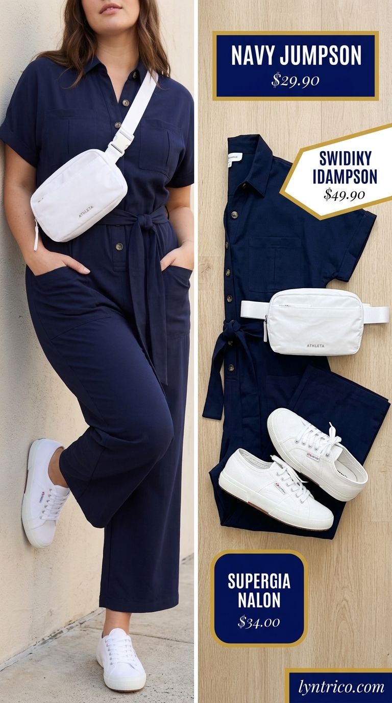 Nautical Plus Size Summer Outfits 2026 Flattering plus size summer outfits for women 2026: Navy utility jumpsuit, white belt bag, canvas sneakers, nautical adventure style.