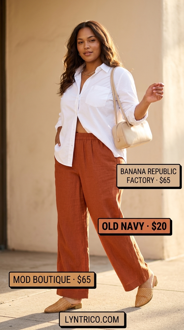 Polished Summer Plus Size Outfits 2026 Flattering plus size summer outfits for women 2026: Coral paperbag trousers, white camisole, beige mules, polished brunch look.