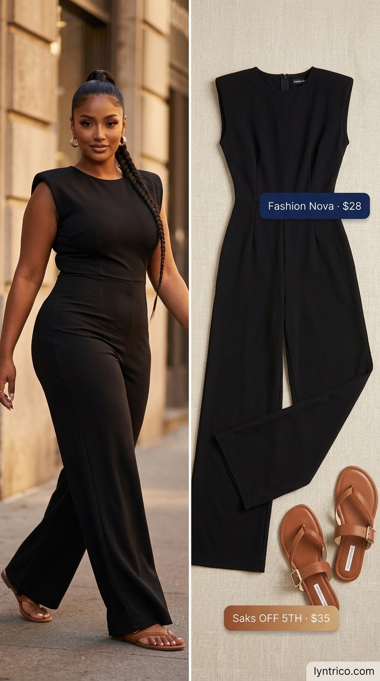 Urban Plus Size Summer Outfits 2026 Flattering plus size summer outfits for women 2026: Navy wide-leg jumpsuit, tan slides, crossbody bag, urban utility explorer style.
