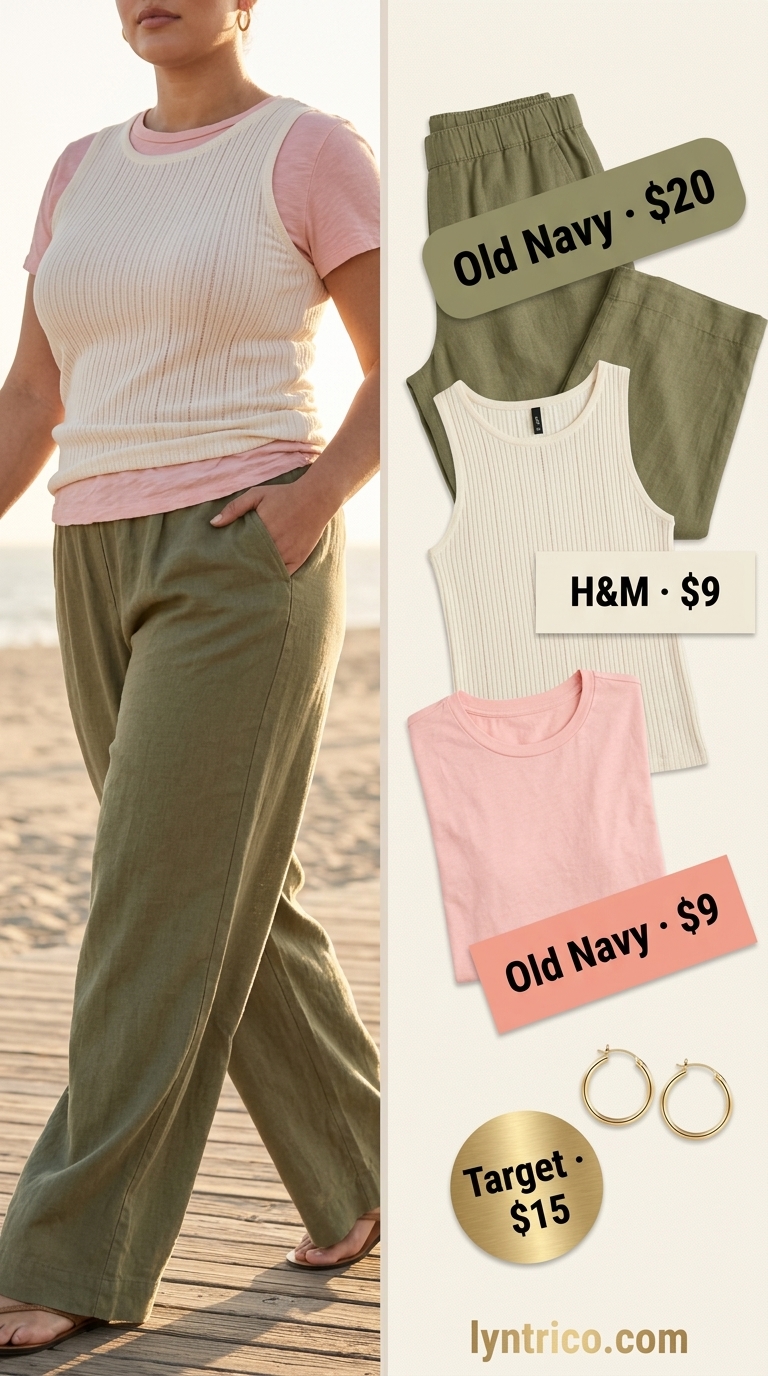 Relaxed Plus Size Summer Outfits 2026 Flattering plus size summer outfits for women 2026: Sage green linen pants, cream tank, straw tote, and tan slides for a coastal vibe.