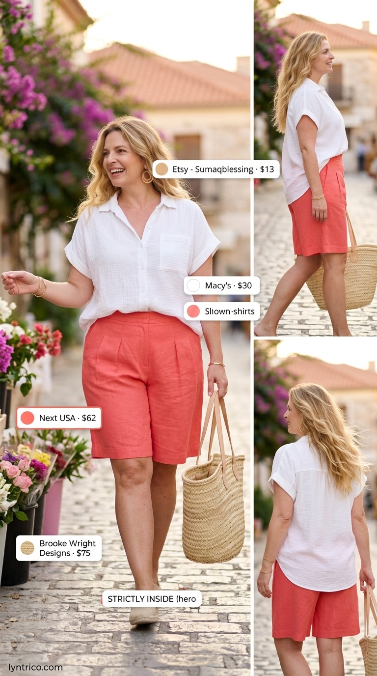 Flattering Plus Size Summer Outfits 2026: Coral Shorts Flattering plus size summer outfits for women 2026: Bright coral linen shorts for a playful vacation look.