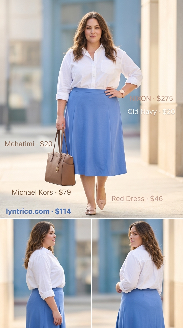 Flattering Plus Size Summer Outfits 2026: Office Skirt Flattering plus size summer outfits for women 2026: Cornflower blue A-line skirt for sophisticated office wear.