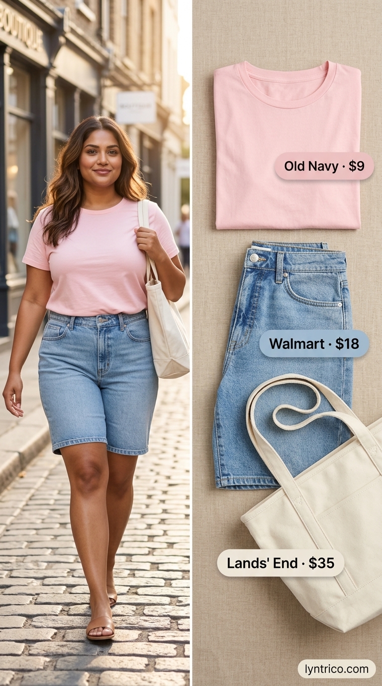 Flattering Plus Size Summer Outfits 2026: Denim Shorts Flattering plus size summer outfits for women 2026: High-rise Bermuda denim shorts for weekend casual chic.