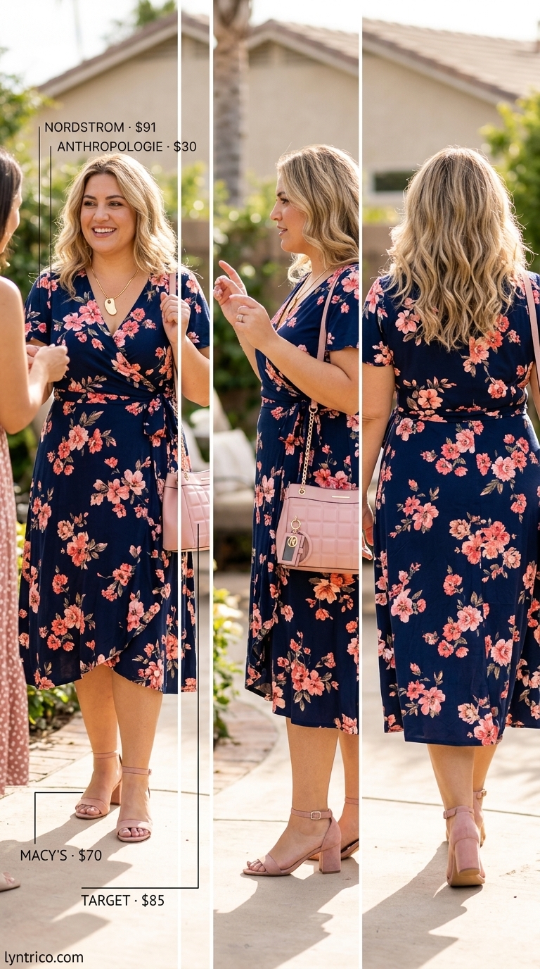 Flattering Plus Size Summer Outfits 2026: Romantic Brunch Dress Flattering plus size summer outfits for women 2026: Navy floral midi wrap dress for a romantic brunch or day date.