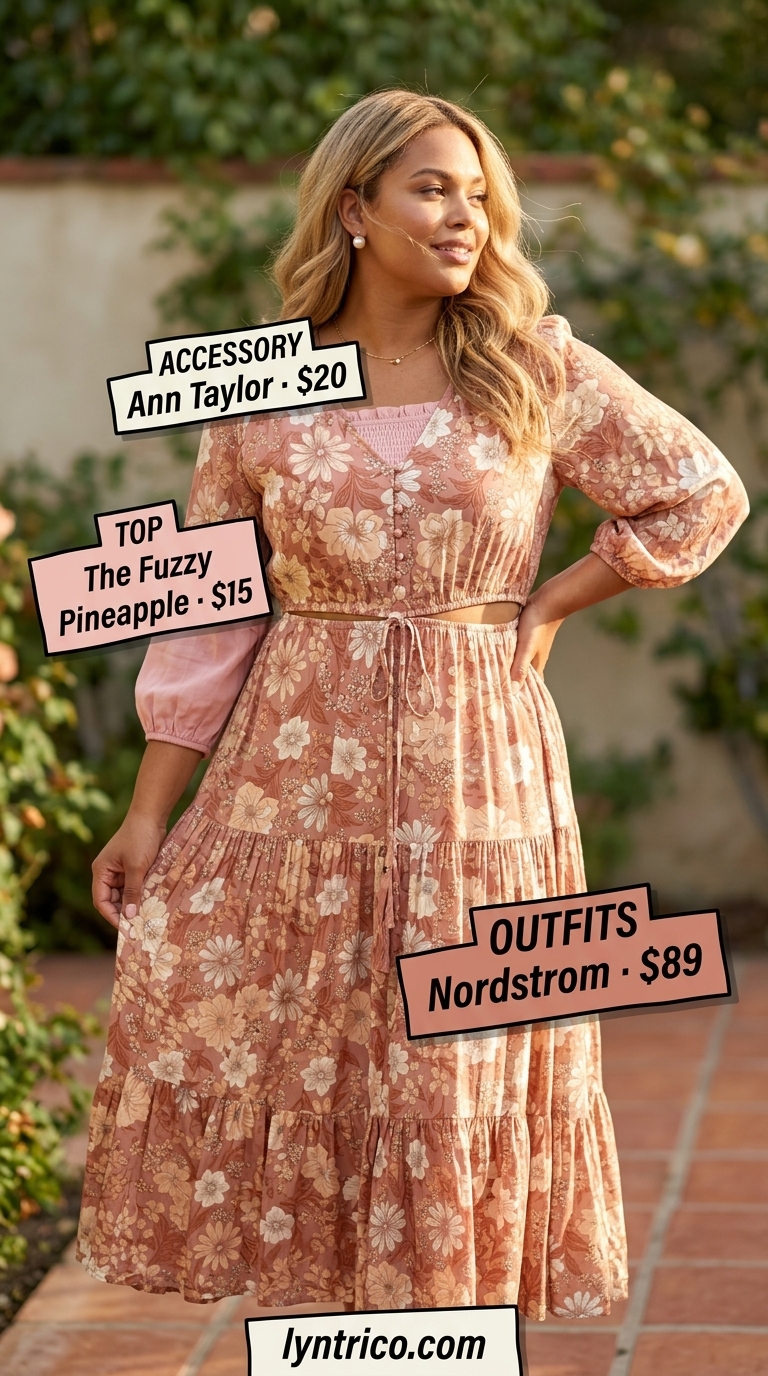 Romantic Plus Size Summer Outfits 2026 Flattering plus size summer outfits for women 2026: Floral midi skirt, blush crop top, white sandals, and pearl bag for a garden brunch.