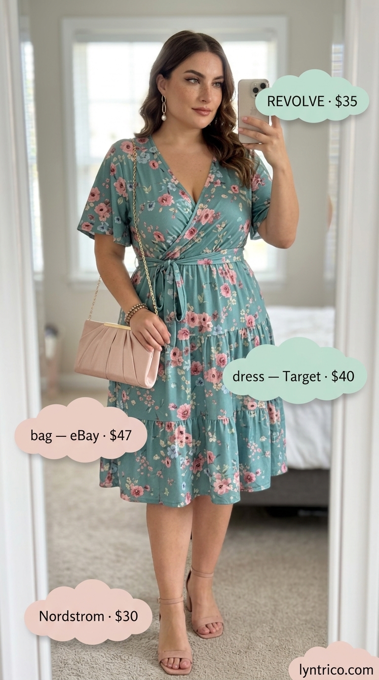 Elegant Plus Size Summer Outfits 2026 Flattering plus size summer outfits for women 2026: Pink floral midi dress, nude heels, and gold earrings for a garden party.