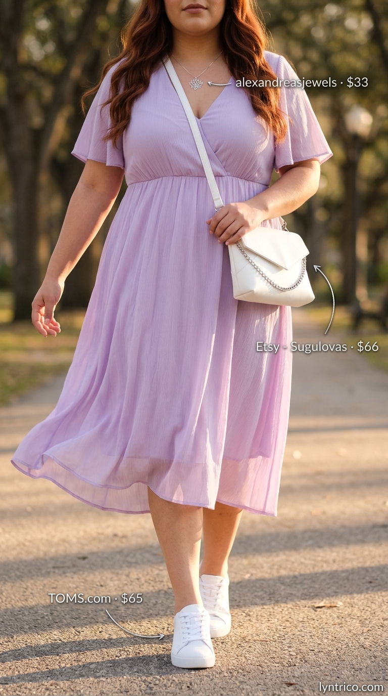 Sweet Plus Size Summer Outfits 2026 Flattering plus size summer outfits for women 2026: Lavender mini dress, white sneakers, and silver necklace for a playful day out.