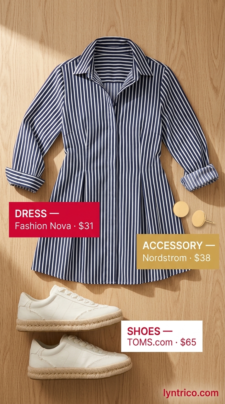 Flattering Plus Size Summer Outfits 2026: Nautical Shirtdress Flattering plus size summer outfits for women 2026: Navy stripe shirtdress for a nautical day trip.