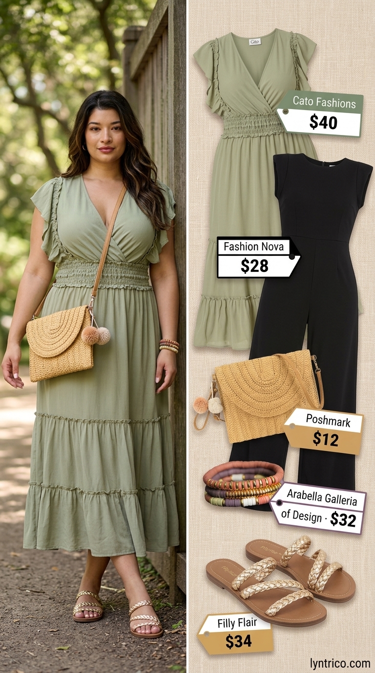 Flattering Plus Size Summer Outfits 2026: Boho Maxi Dress Flattering plus size summer outfits for women 2026: Olive green maxi dress for a bohemian garden party.