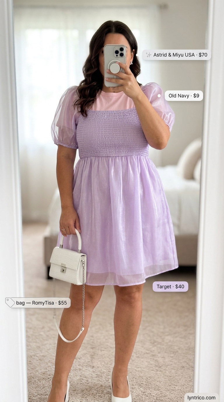 Playful Plus Size Summer Outfits 2026 Flattering plus size summer outfits for women 2026: Lavender smocked mini dress, white sneakers, and silver earrings for a playful look.