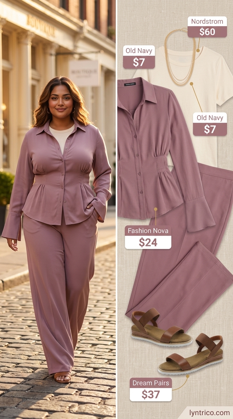 Flattering Plus Size Summer Outfits 2026: Terracotta Pants Flattering plus size summer outfits for women 2026: Terracotta linen pants with cream top for a relaxed dinner.
