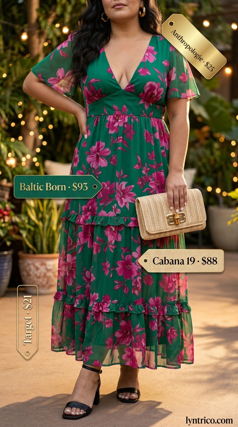 Glamorous Plus Size Summer Outfits 2026 Flattering plus size summer outfits for women 2026: Emerald green tropical maxi dress, black heels, and gold earrings for a vacation dinner.