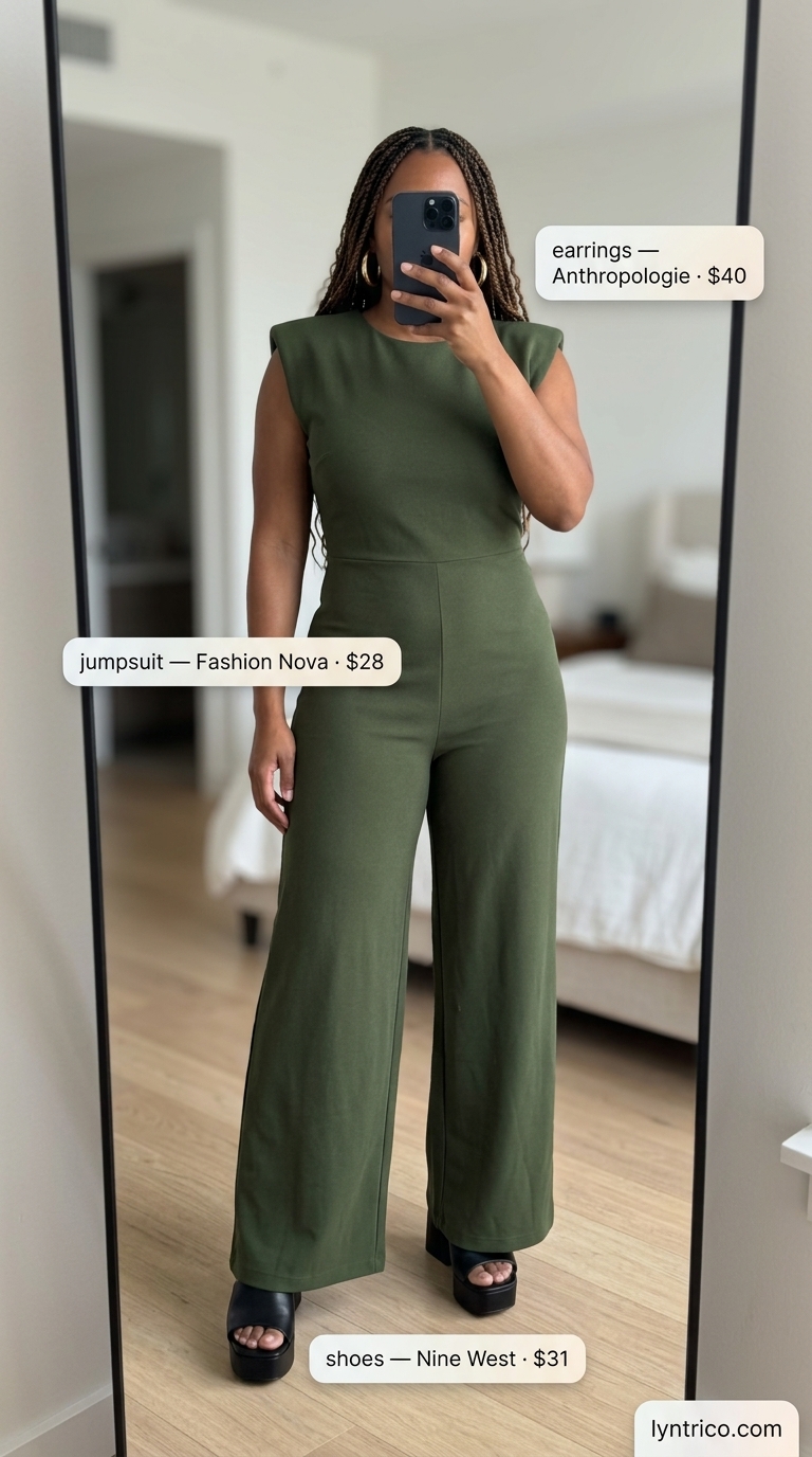 Utility Plus Size Summer Outfits 2026 Flattering plus size summer outfits for women 2026: Olive green utility jumpsuit, black belt, gold hoops, and platform sandals for city exploration.