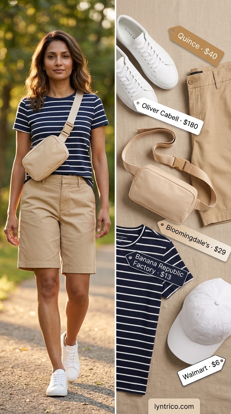 Flattering summer outfit for women over 40 2026: Beige Bermuda shorts with striped tee and sneakers.