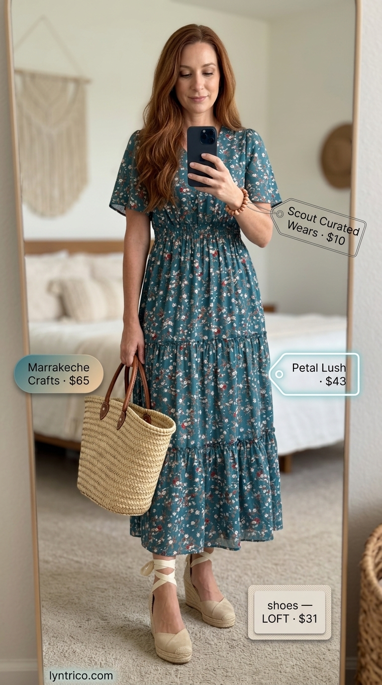 Flattering summer outfit for women over 40 2026: Boho maxi dress, straw tote, espadrilles & beaded bracelets.