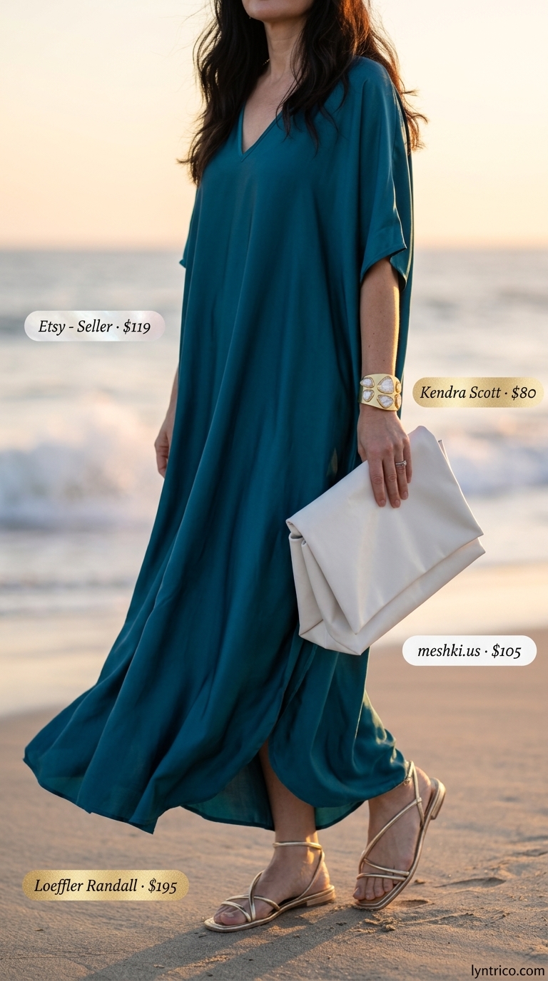 Flattering summer outfit for women over 40 2026: Teal caftan dress, gold sandals & clutch.