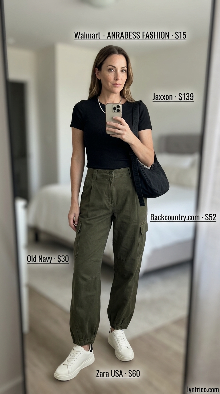 Flattering summer outfit for women over 40 2026: Khaki cargo pants with black ribbed top and sneakers.