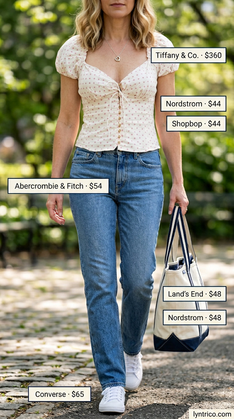 Flattering summer outfit for women over 40 2026: Denim jeans, floral blouse, white sneakers & canvas tote.