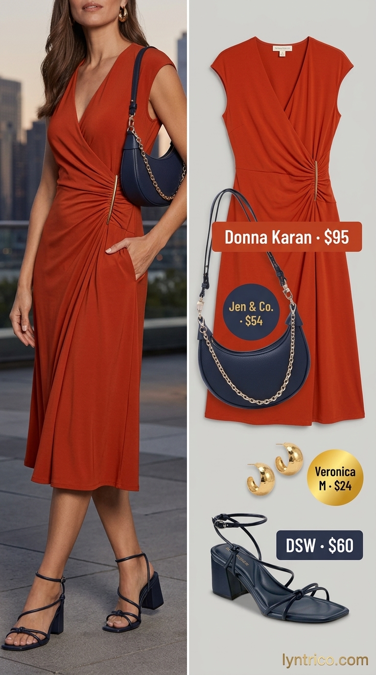 Flattering summer outfit for women over 40 2026: Coral wrap dress, navy sandals & bag.