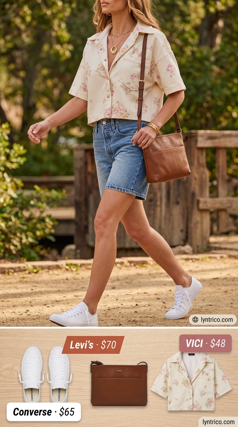 Flattering summer outfit for women over 40 2026: Denim shorts, floral blouse & white sneakers.