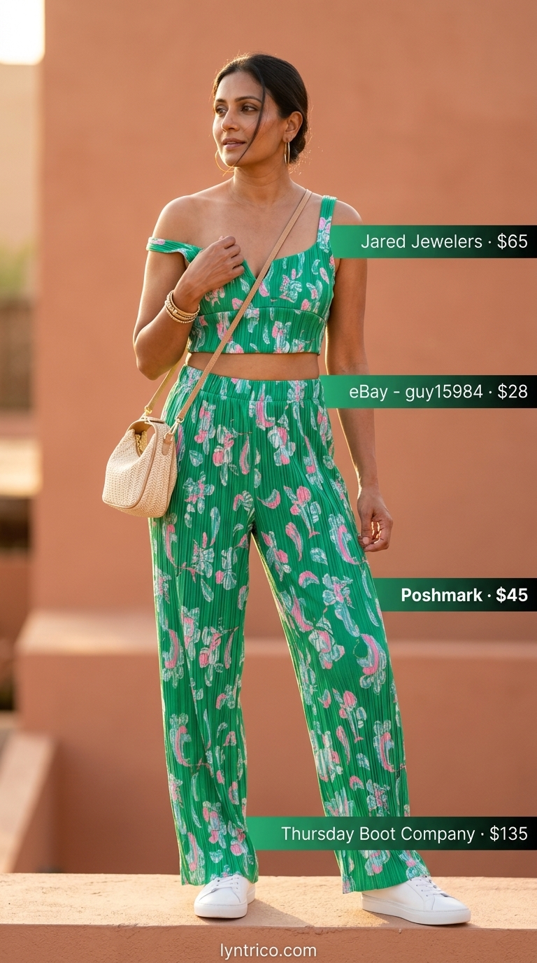 Flattering summer outfit for women over 40 2026: Emerald floral set, straw bag & sneakers.