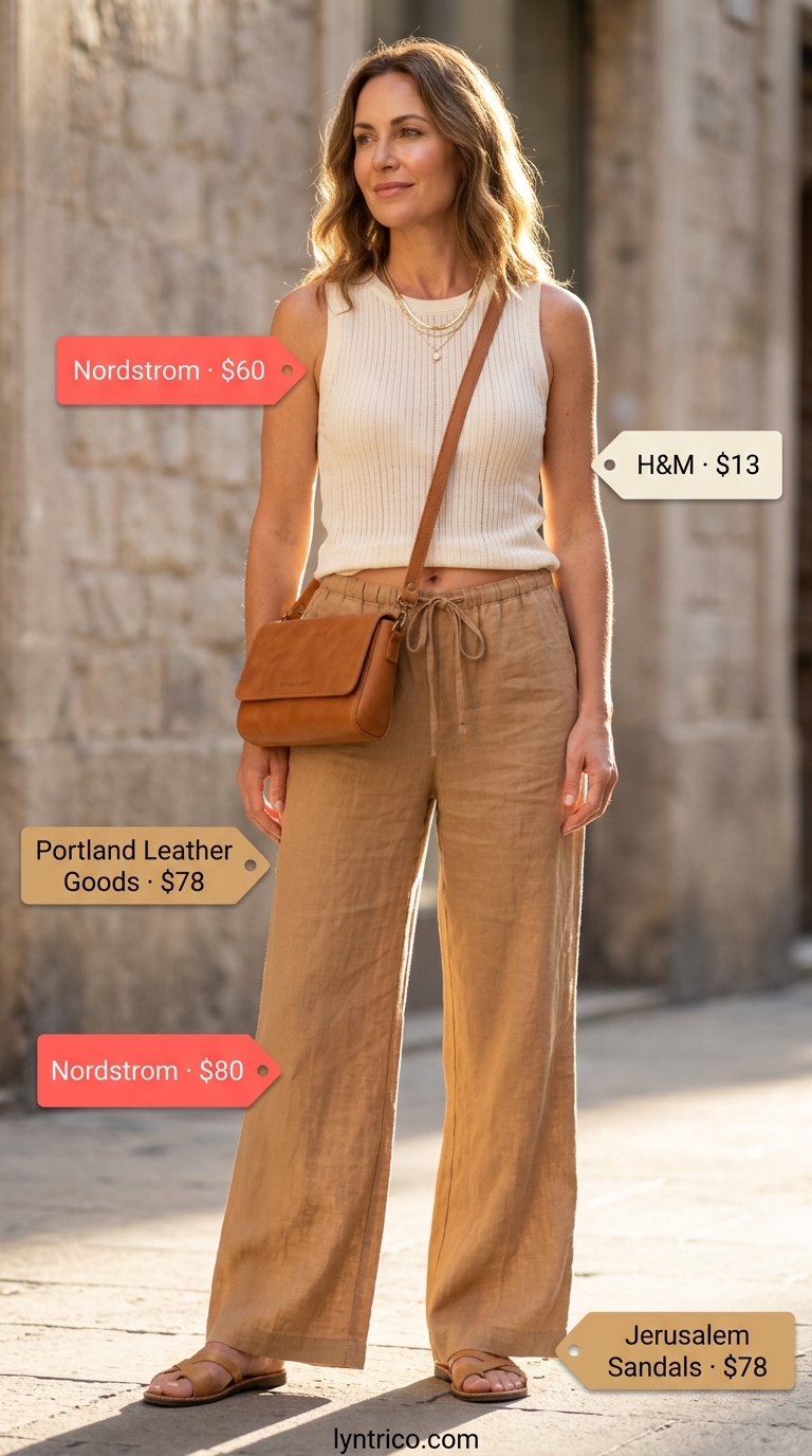 Flattering summer outfit for women over 40 2026: Camel linen pants, cream knit top, gold necklaces & tan sandals.