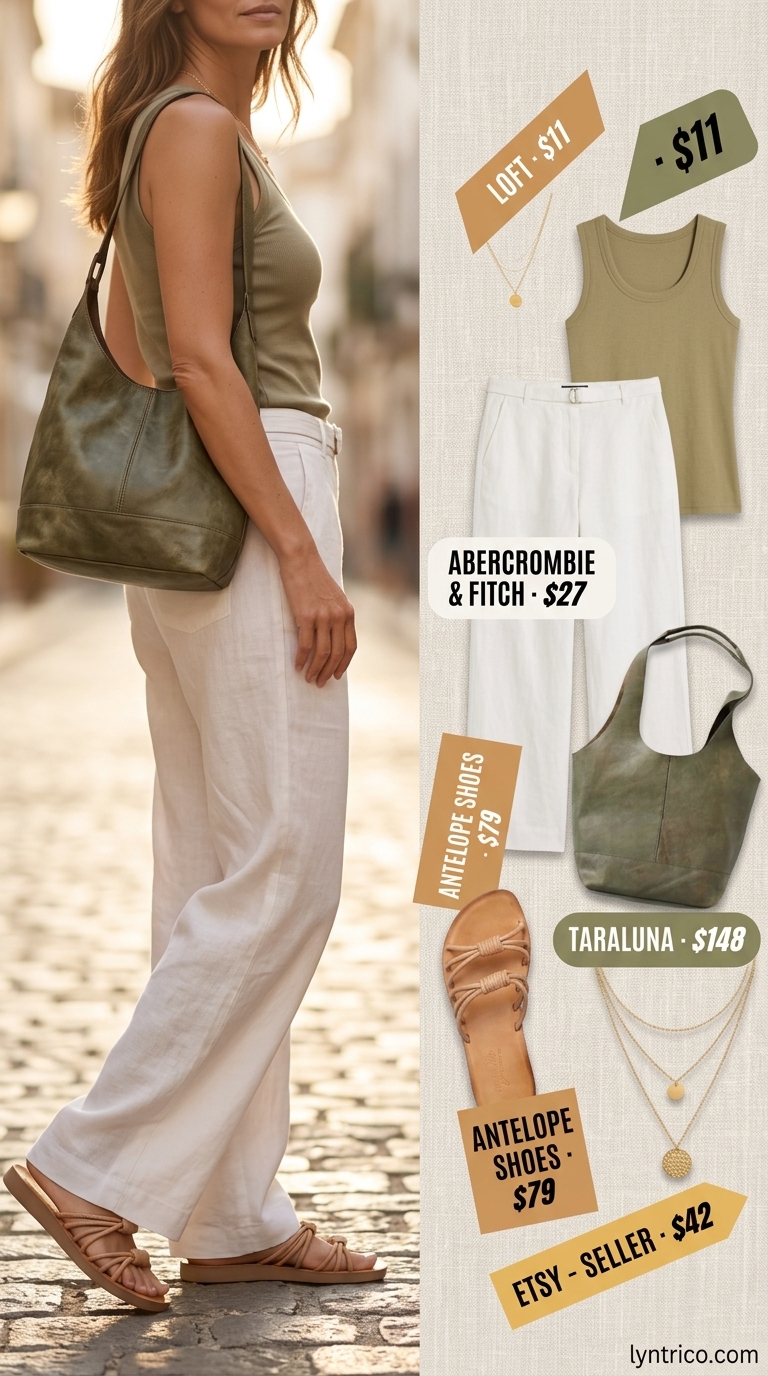 Flattering summer outfit for women over 40 2026: Cream linen pants, olive green top & tan slides.