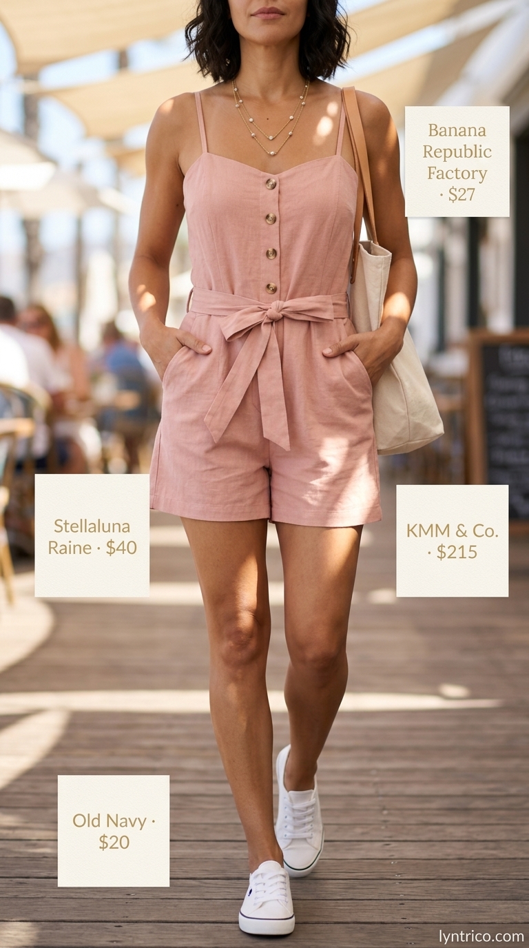 Flattering summer outfit for women over 40 2026: Blush pink linen romper & white sneakers.