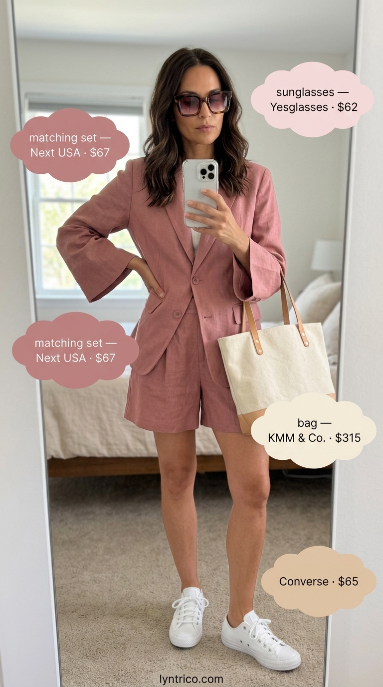 Flattering summer outfit for women over 40 2026: Blush pink linen shorts set & white sneakers.