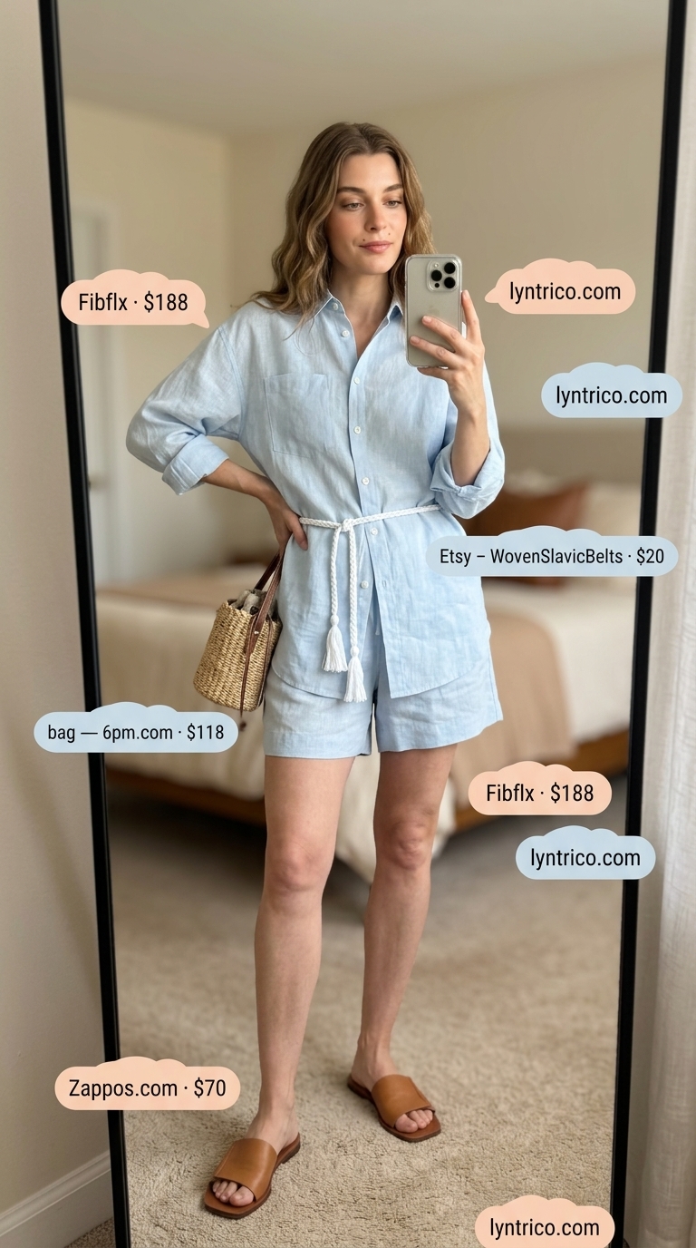 Flattering summer outfit for women over 40 2026: Pastel blue linen shorts set with white belt & tan slides.