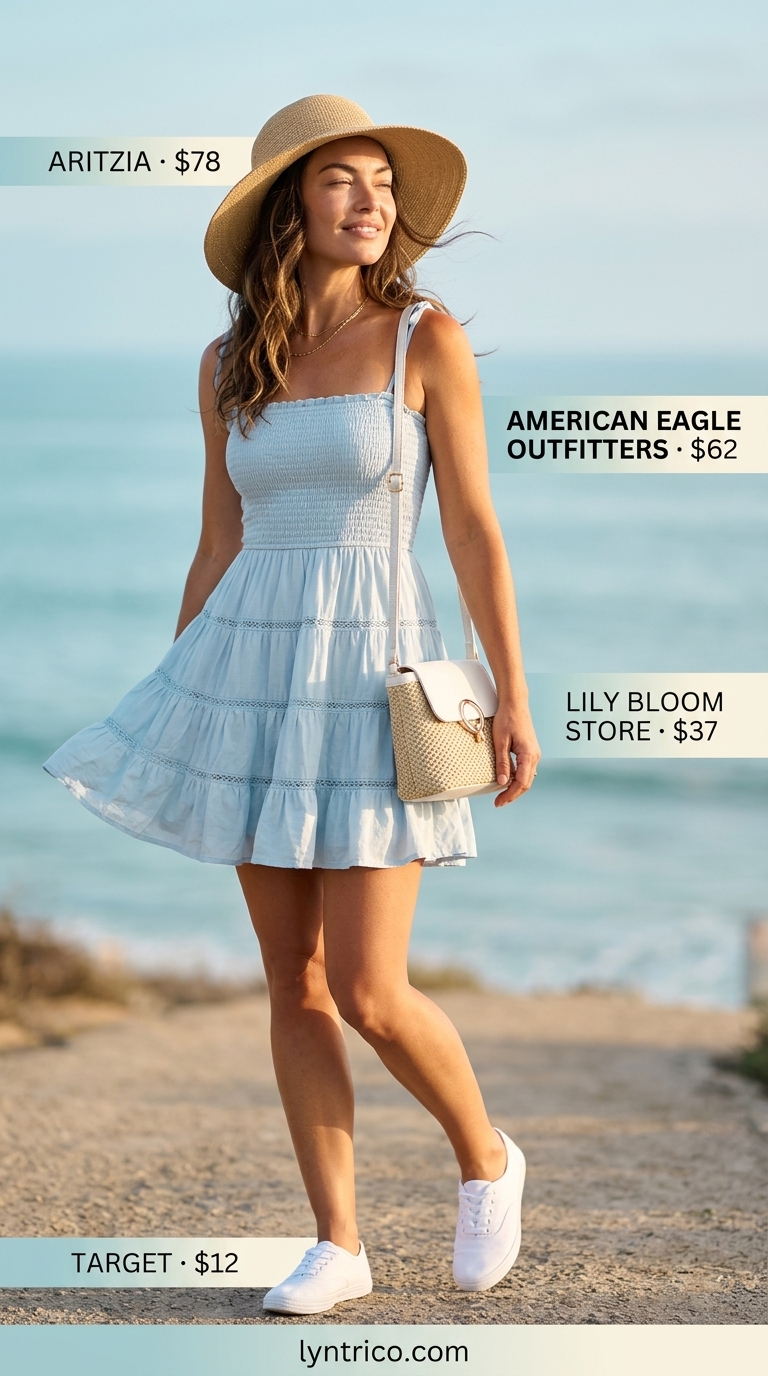 Flattering summer outfit for women over 40 2026: Pastel blue linen sundress with white sneakers and straw hat.