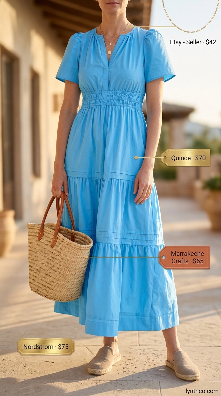 Flattering summer outfit for women over 40 2026: Sky blue flowy maxi dress with straw tote and espadrilles.