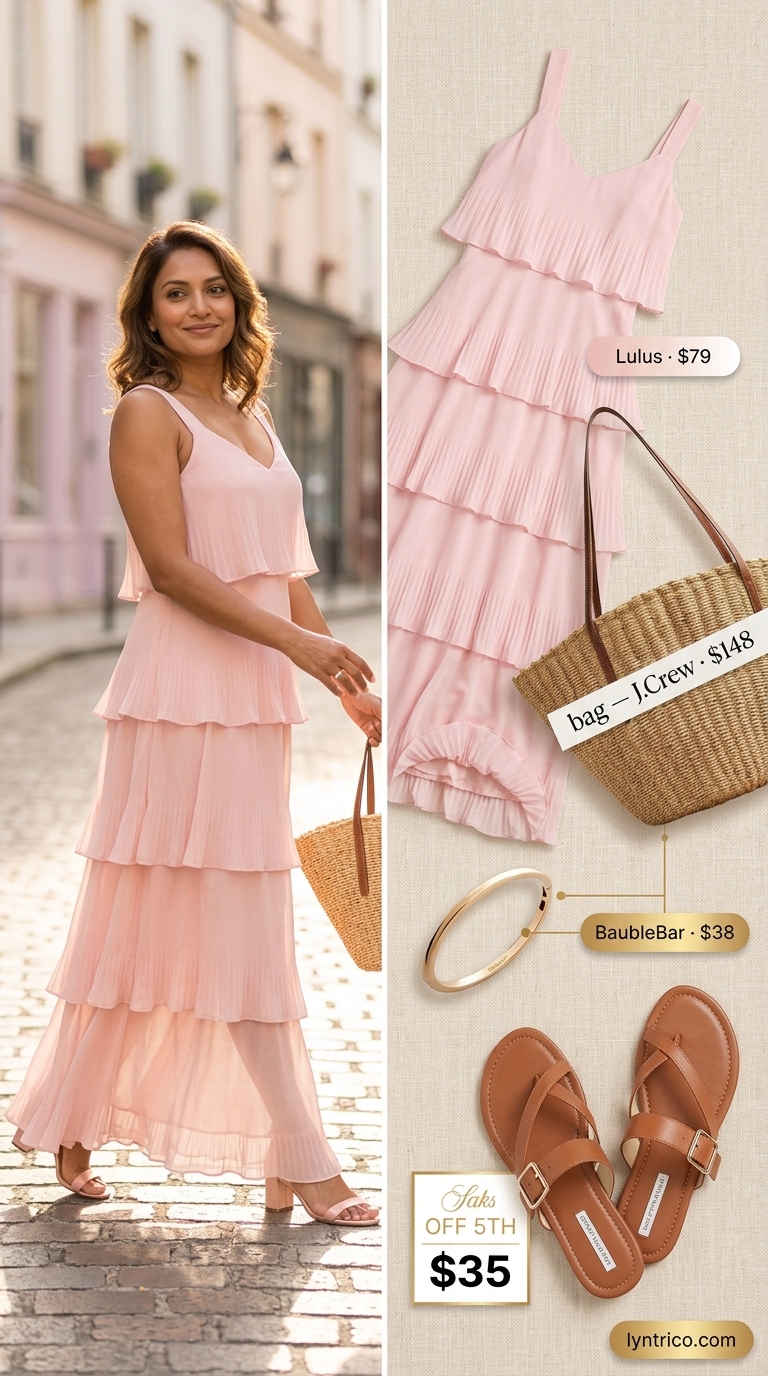 Flattering summer outfit for women over 40 2026: Blush pink maxi dress, straw tote, gold bangle & tan slides.