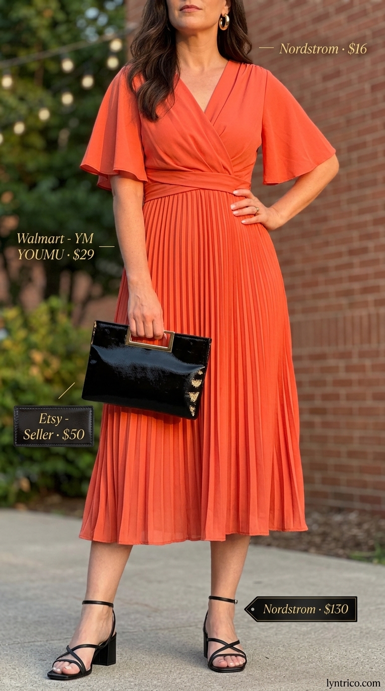 Flattering summer outfit for women over 40 2026: Coral wrap midi dress, black heels, gold hoops & black clutch.