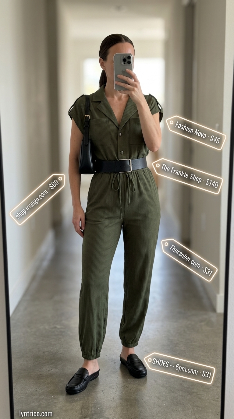 Flattering summer outfit for women over 40 2026: Olive green utility jumpsuit with black leather belt and heels.