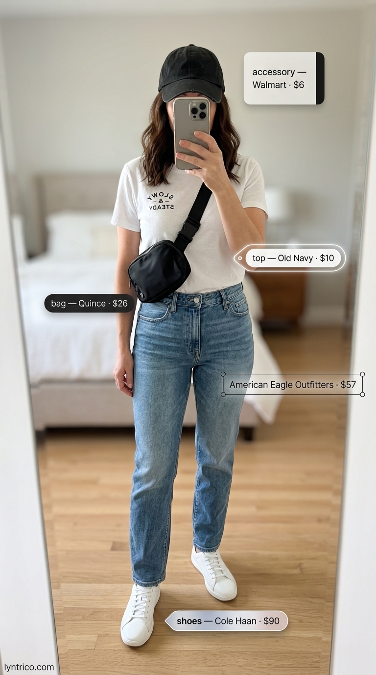 Flattering summer outfit for women over 40 2026: Denim jeans, graphic tee, sneakers & baseball cap.