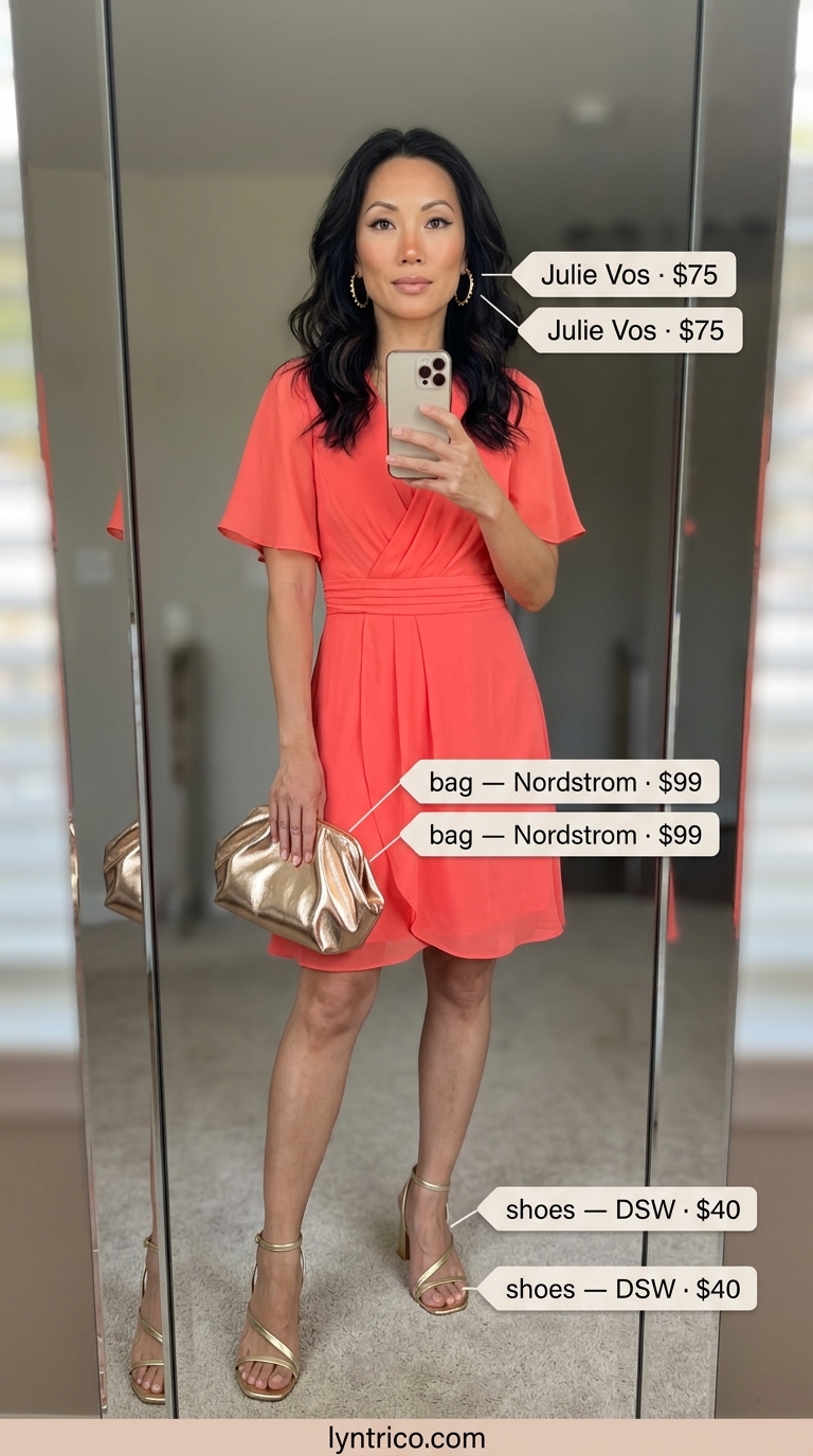 Flattering summer outfit for women over 40 2026: Coral wrap dress, gold sandals & clutch.