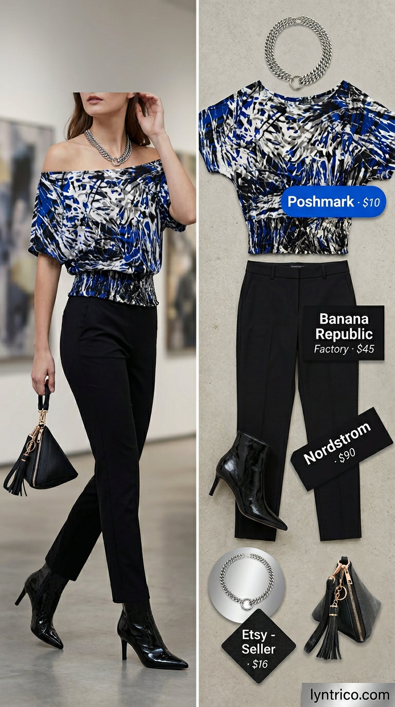 Edgy flowy summer off-shoulder outfits 2026: Abstract print top, black pants, ankle boots for an art event.