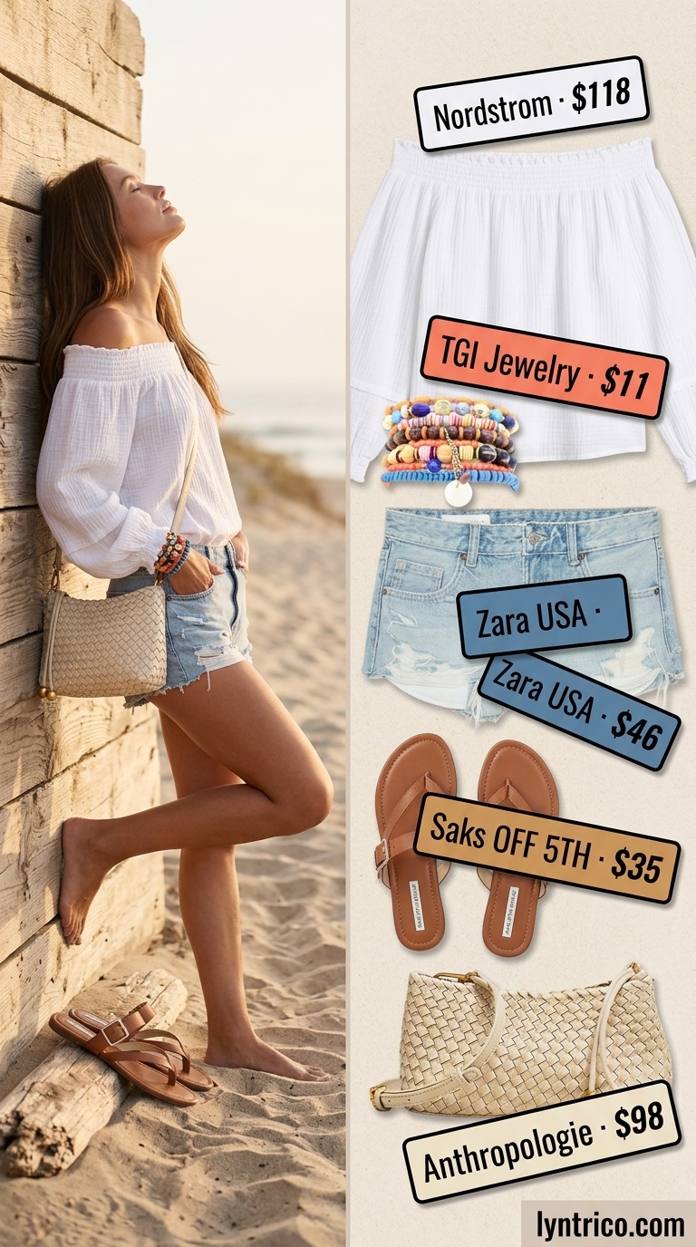 Boho beach outfit: flowy summer off-shoulder top, denim shorts, leather sandals. Perfect for beach days 2026.