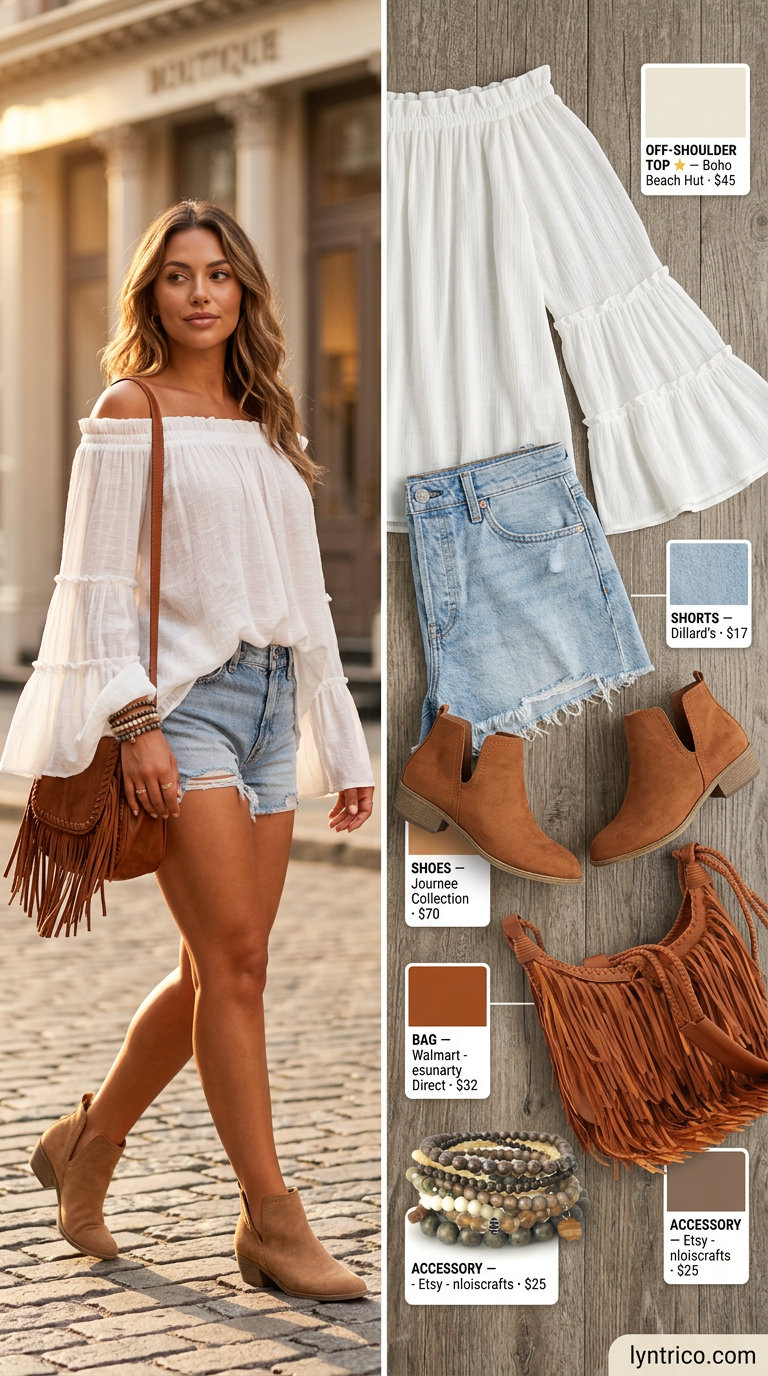 Boho flowy summer off-shoulder outfits 2026: Off-white peasant blouse, denim shorts, suede boots for a festival.