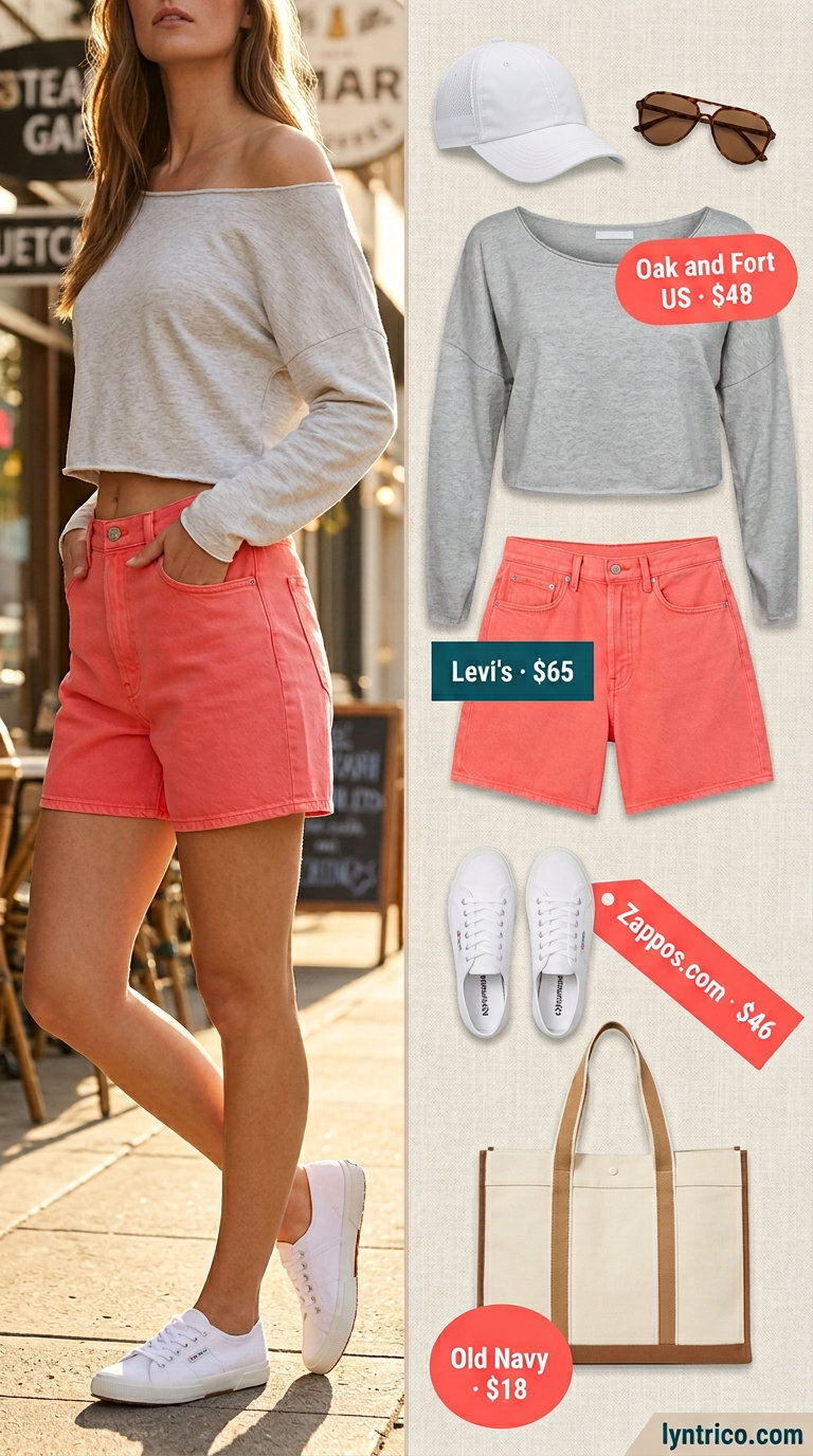 Casual flowy summer off-shoulder outfits 2026: Light grey off-shoulder tee, denim shorts, white sneakers for errands.