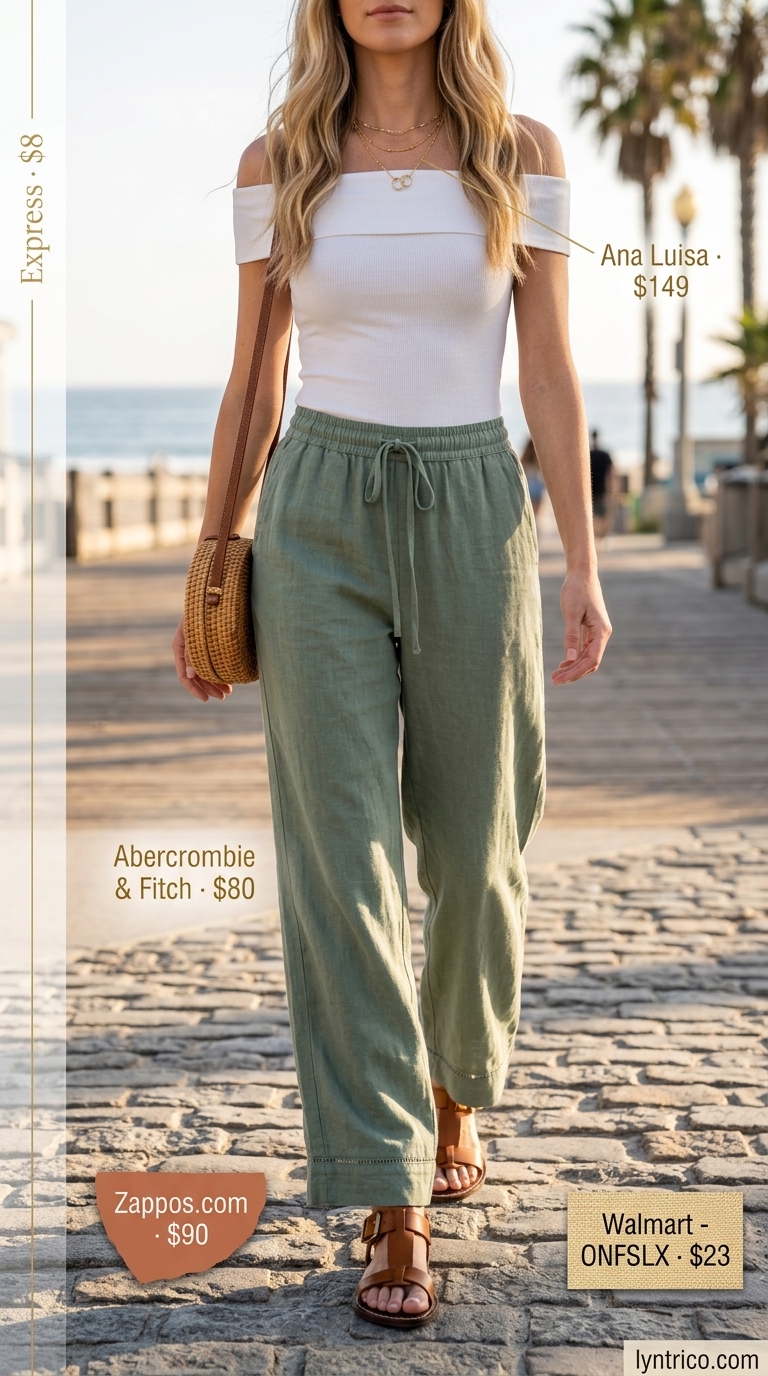 Flowy summer off-shoulder outfits 2026: Sage green linen pants with cream knit top for coastal.