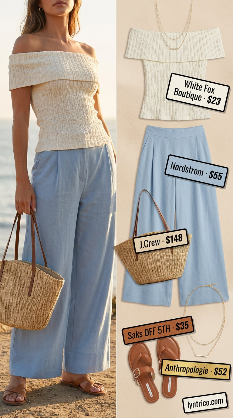 Relaxed flowy summer off-shoulder outfits 2026: Cream knit top, soft blue wide-leg pants, straw tote for beach day.