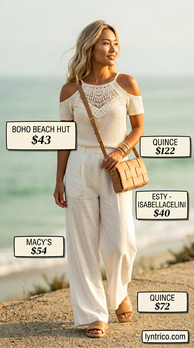 Seaside crochet outfit: cream flowy summer off-shoulder top, linen trousers, leather slides 2026.