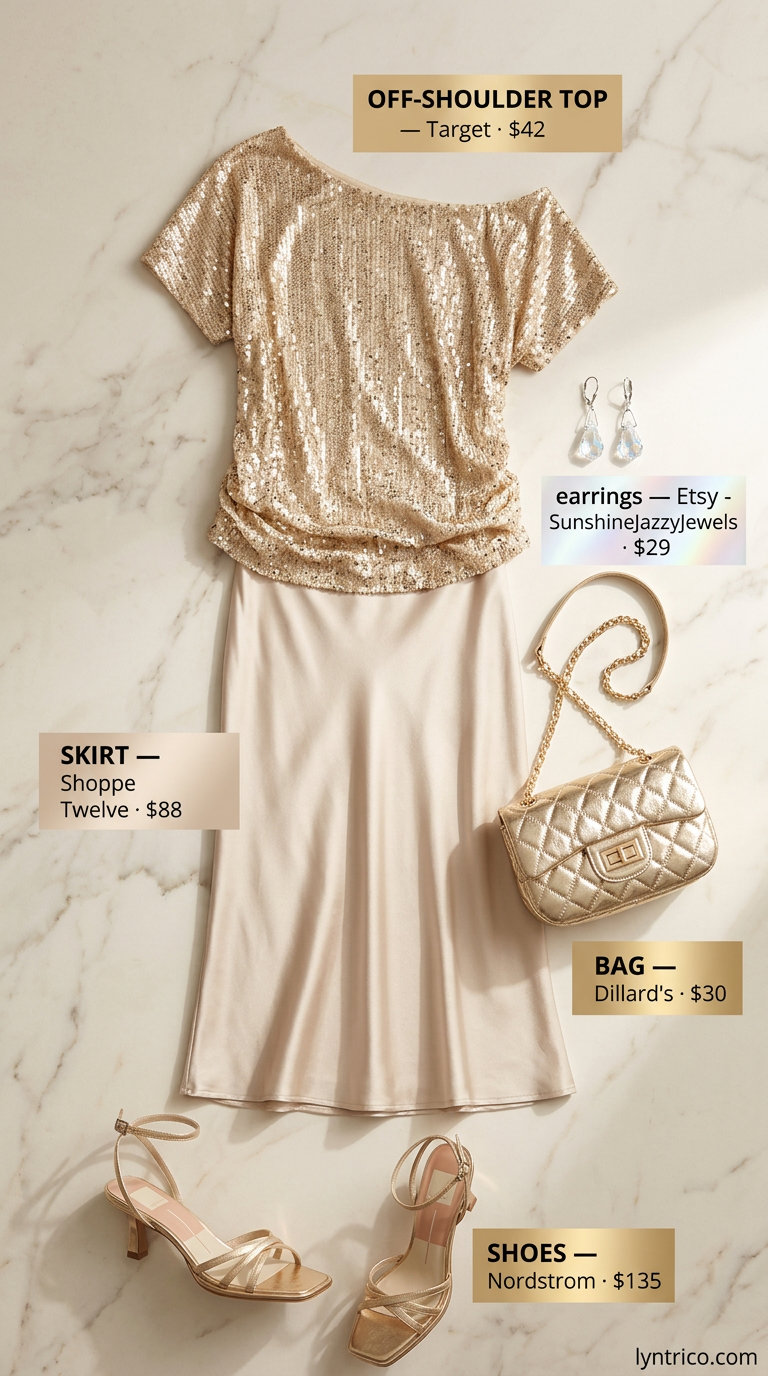 Glamorous flowy summer off-shoulder outfits 2026: Champagne sequin top, satin skirt, heeled sandals for date night.