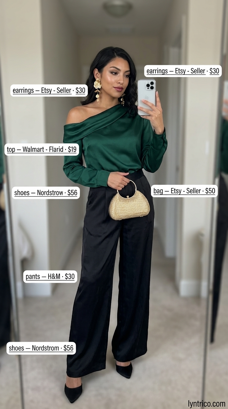 Flowy summer off-shoulder outfits 2026: Emerald green top with black satin pants for evening.