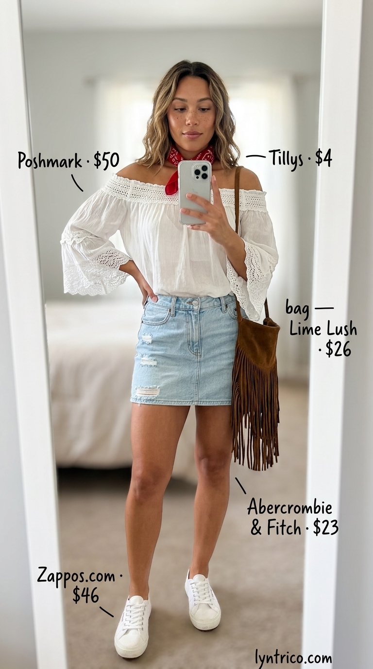 Flowy summer off-shoulder outfits 2026: White peasant blouse with denim skirt for festival.