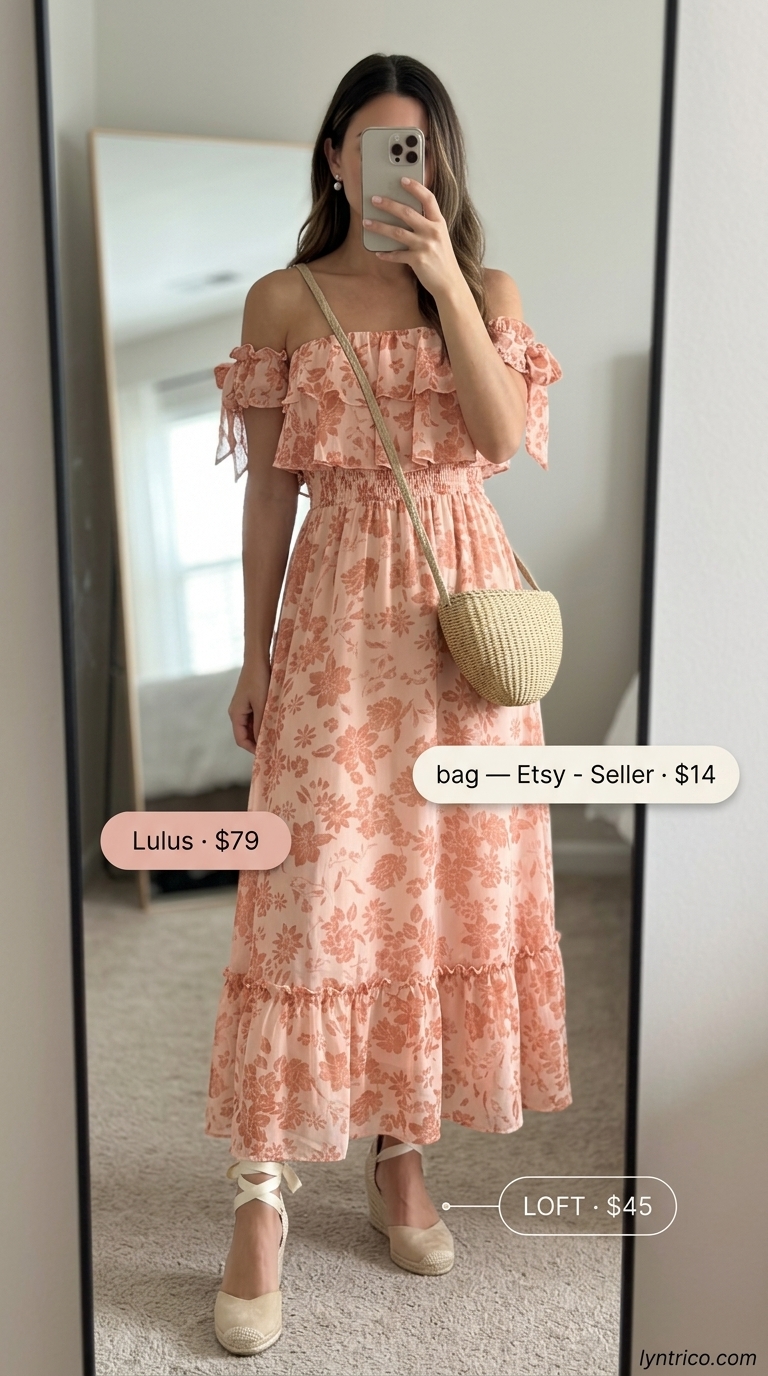 Flowy summer off-shoulder outfits 2026: Blush pink floral midi dress for garden party.